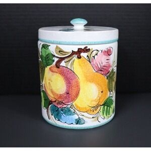 Italian Art Pottery Lidded Canister Jar Fruit Leaves‎ Vibrant Colors Pear Apple